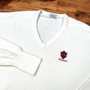 Vintage Roche Indiana University V-Neck Sweater Cream Knit Embroidered XL Alumni